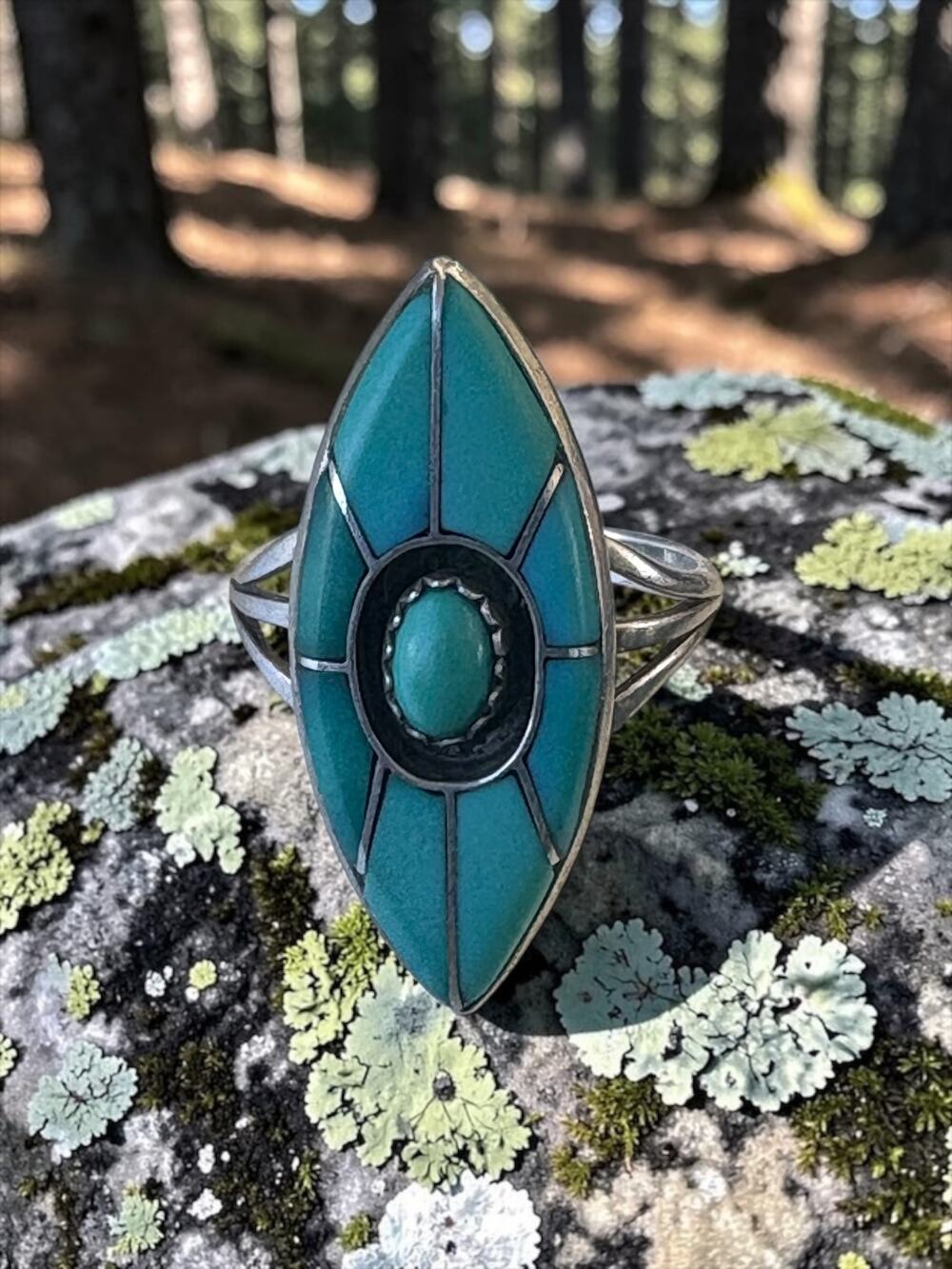 Vintage Sterling Silver Turquoise Inlay Navette Statement Ring Geometric Panel D